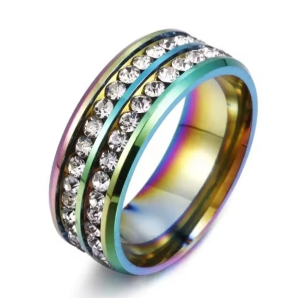 Iridescent Unisex Stainless Steel Rainbow Crystal Band Ring